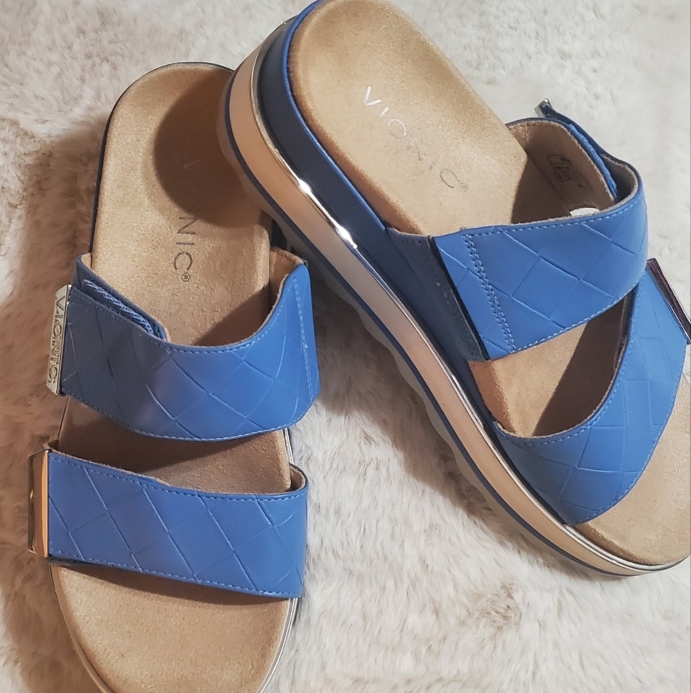 Vionic Women's Quilted Blue Slide Sandals With Velcro Closure. Sz 6.5 - Picture 3 of 8